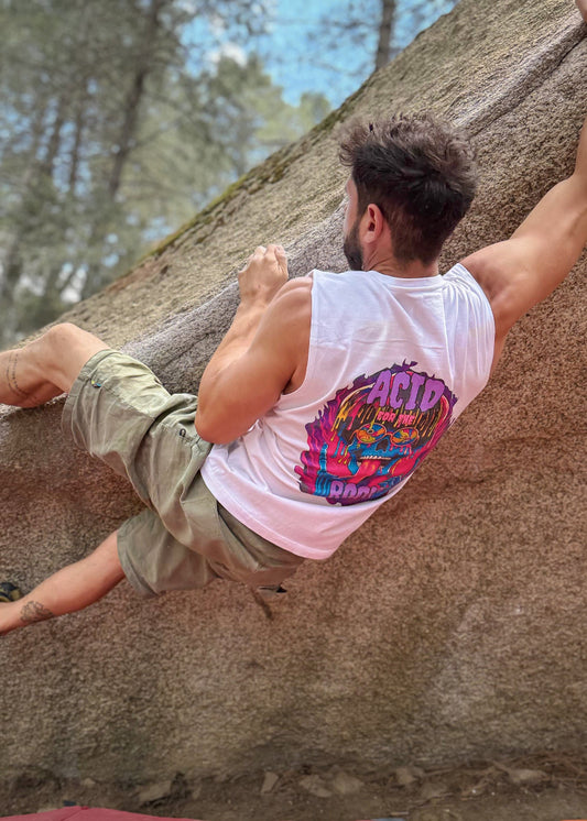 Camiseta blanca ACID sin mangas parte trasera.