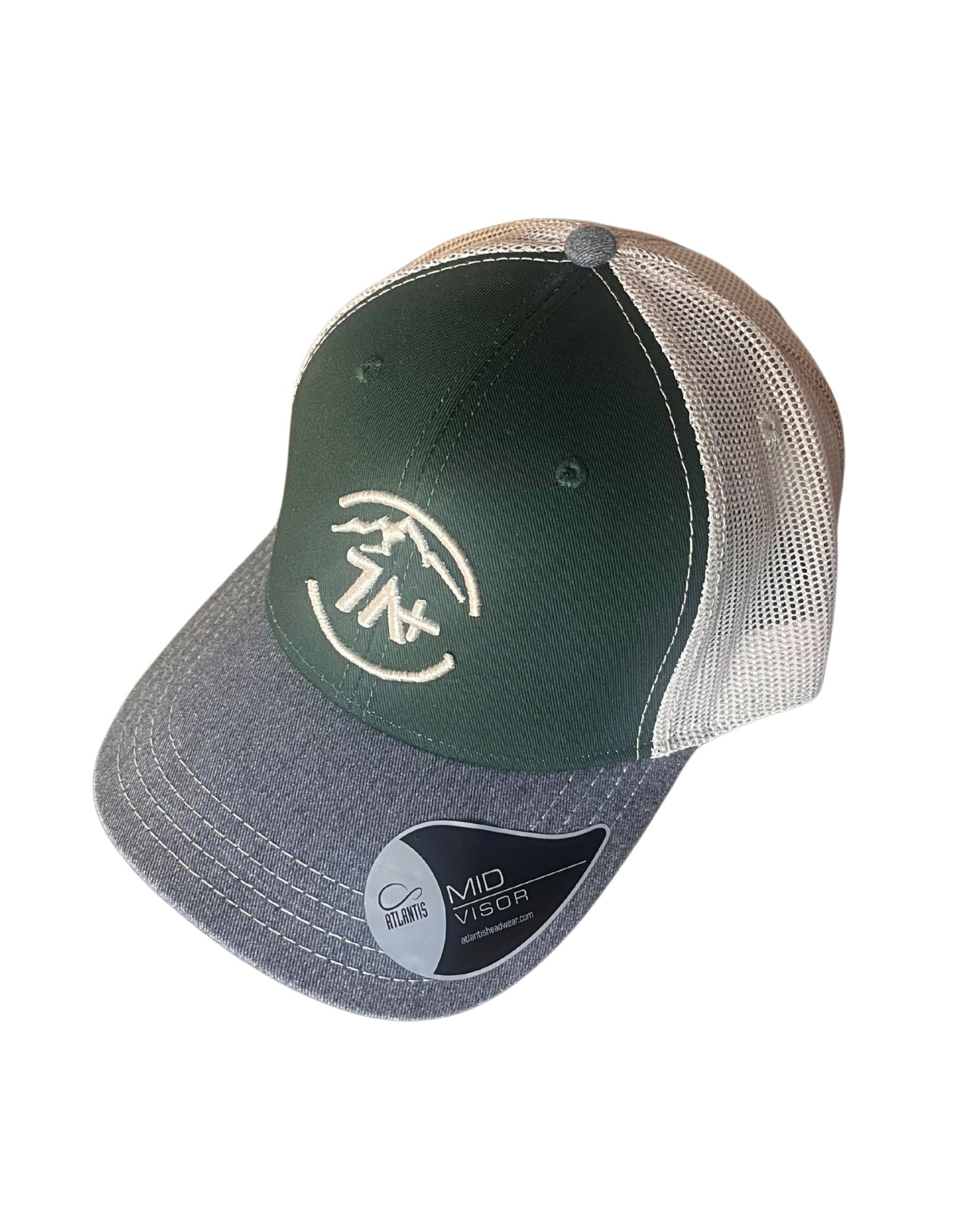 Gorra verde bohemia y Beige con logo Beige y visera gris.