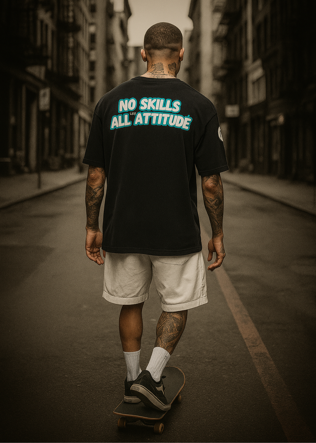 Camiseta no skills, color negro, parte trasera.